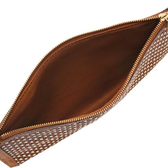 Wristlet Pouch Faux Leather Neutral Woven Small Zipper Wallet Accessory - Picture 2 of 4